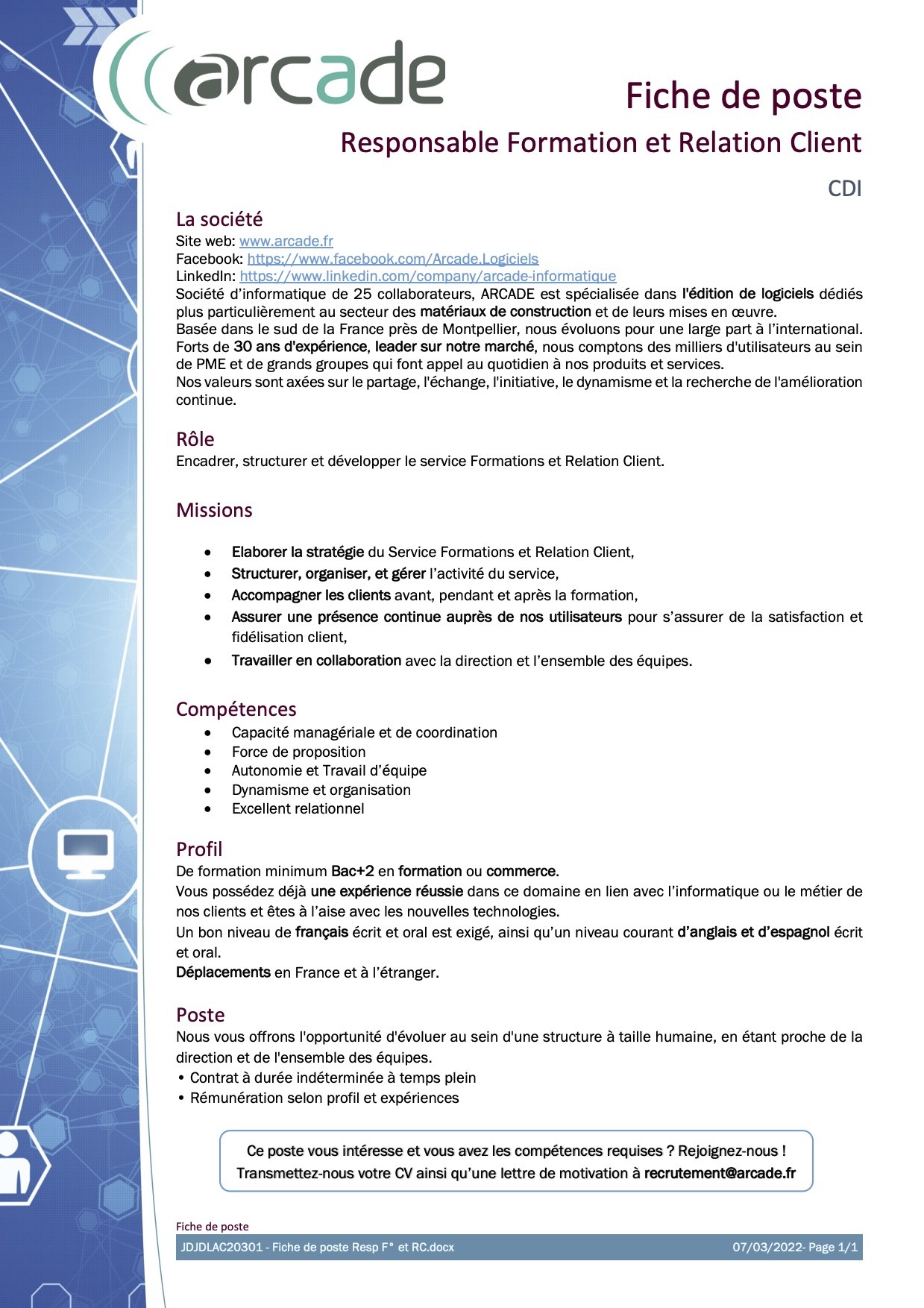 Fiche de poste Responsable Formation & Relation Client