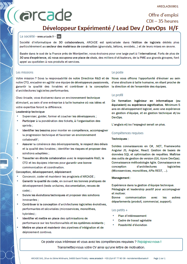 Fiche poste Développeur Expérimenté / Lead Dev / DevOps